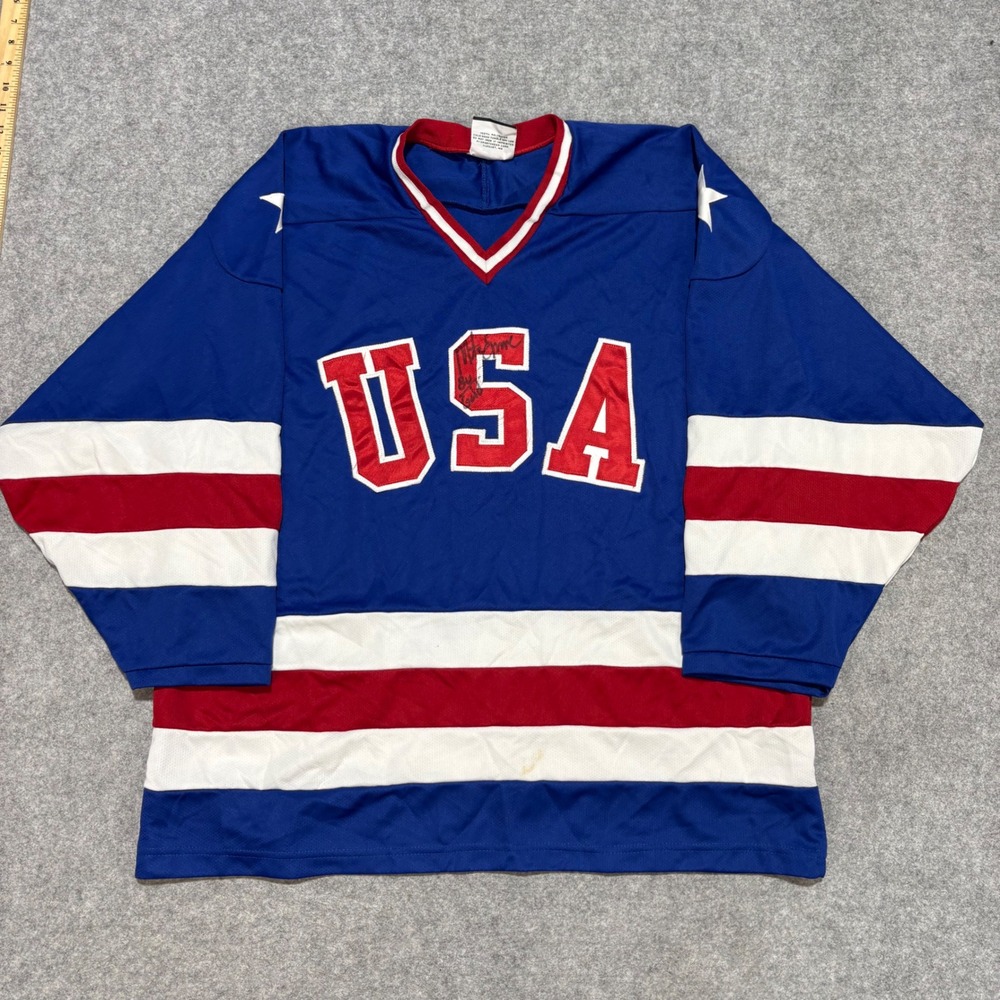 Vintage K1 Sportswear USA Hockey Jersey Mens XL Blue Red White Signed Star Mesh